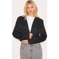 Black Woven Cropped Shoulder Padded Blazer | PrettyLittleThing IE