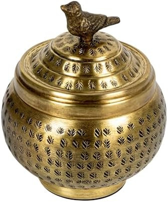 Round Hammered Metal Container with Bird Finial, Brass Finish | Amazon (US)