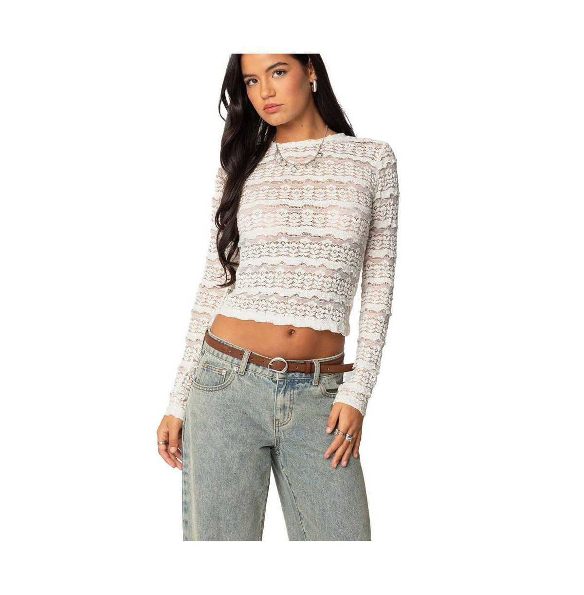 Edikted Womens Daisey Textured Sheer Lace Top - Cream | Macy's