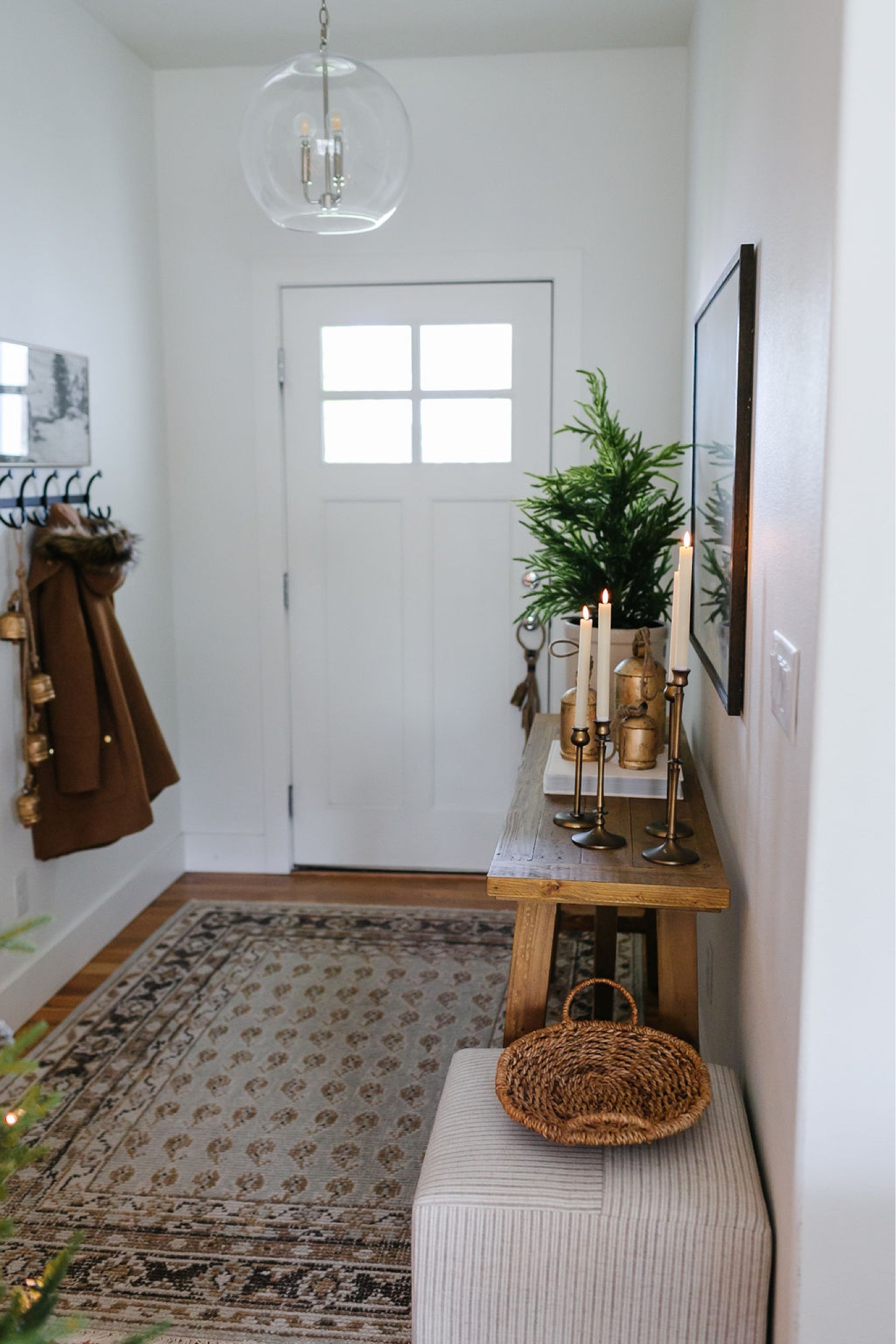 Christmas decor, holiday decor, entryway decor, farmhouse table, living room decor, wall art, artwork, brass candle holders, LED candles, brass bells, faux trees, Amazon Home, Target Studio McGee, area rug, upholstered ottomans, reath, J.Crew Chateau wool coat, coat rack, Target Studio McGee 

#LTKsalealert #LTKHoliday #LTKhome