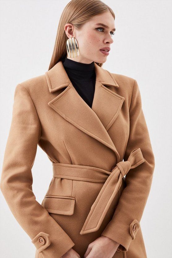 Italian Manteco Wool Double Breasted Tab Detail Belted Longline Coat | Karen Millen UK + IE + DE + NL