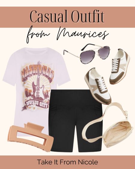 Casual outfit from Maurices! Items include a Nashville graphic t shirt, black biker shorts, aviator sunglasses, tennis goes, a Fanny pack and a claw clip  

#LTKFind #LTKunder100 #LTKstyletip