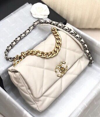 CHANEL 19 SMALL FLAP CC LOGO WHITE CLASSIC QUILTED BAG | eBay US