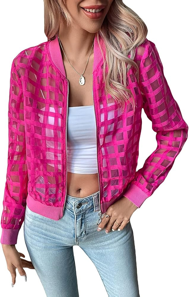 Milumia Women's Summer Mesh Sheer Bomber Jacket Cropped Baseball Collar Long Sleeve Outwear | Amazon (US)