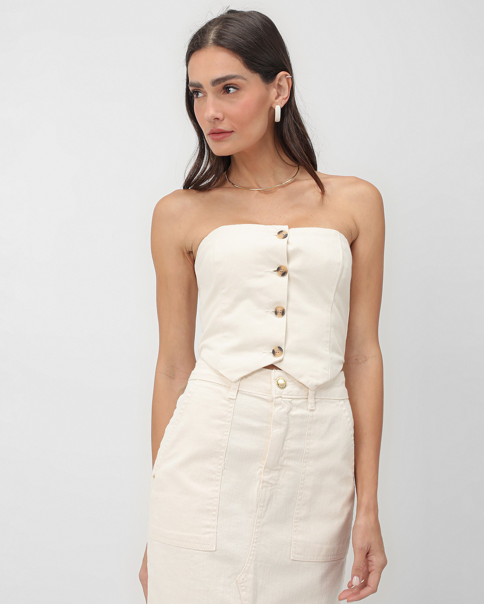 Corset jeans color com lastex e botões bege | AK by Riachuelo | Riachuelo (BR)