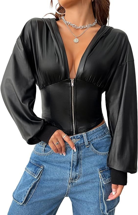 WDIRARA Women's PU Leather Ruched Zip Up Hoodie Long Sleeve Drop Shoulder Crop Jacket | Amazon (US)