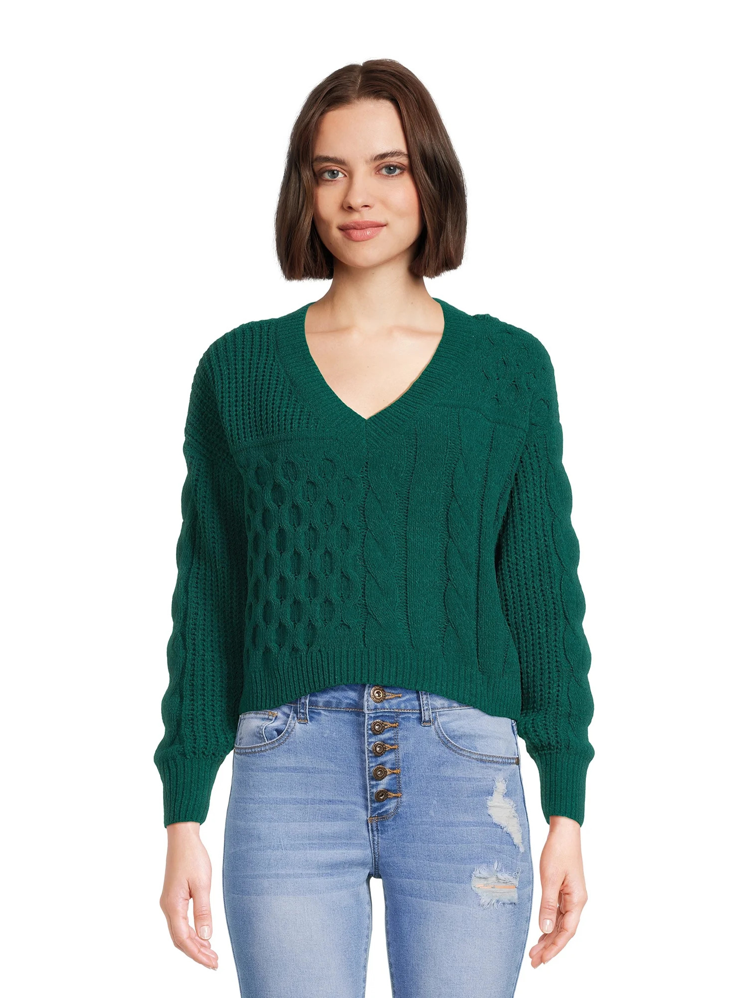 No Boundaries Juniors Patchwork Cable Knit Sweater, Midweight, Sizes XS-XXXL | Walmart (US)