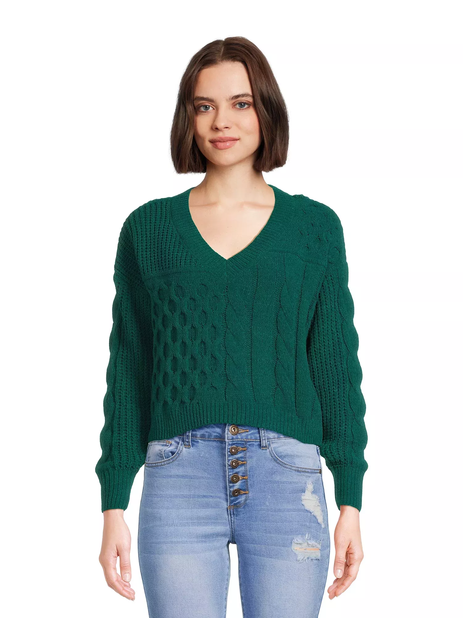 No Boundaries Juniors Chenille V-Neck Sweater, Sizes XS-3XL