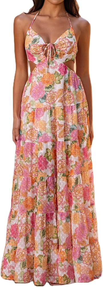 Women Tie Shoulder Boho Floral Maxi Dress Y2k Spaghetti Strap Flowy Long Dresses Summer Tiered Be... | Amazon (US)
