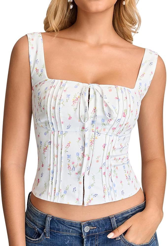 KUTUMAI Floral Corset Top Cute Tie Bustier Y2k Going Out Crop Tops for Women Summer 2026, Lace Up... | Amazon (US)