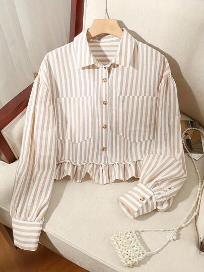 Vintage Striped Button Pocket Long Sleeve Pleated Hem Shirt, Suitable For Vacation, Spring & Autu... | SHEIN