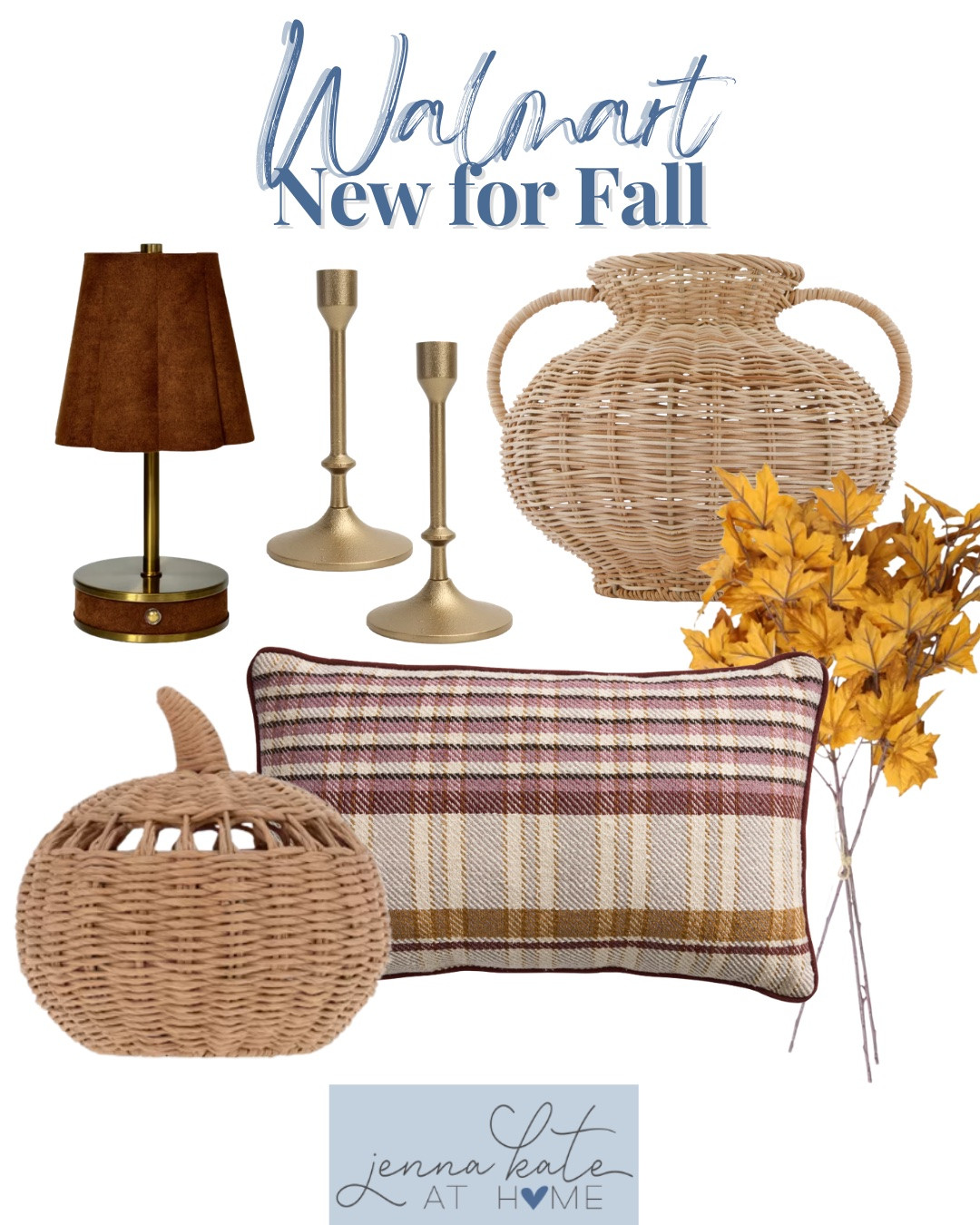 New for fall from Walmart includes throw pillow, rattan pumpkin, rattan vase, fall stems, gold candle holders, and small table lamp.

Looks for less, home decor, fall home, fall decor

#LTKHome #LTKSeasonal #LTKvlog