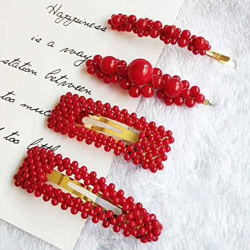 Tzoxal 4PCS Handmade Fashion Red Artificial Pearl Gold BB Barrettes, Sweet Hair Clips Pins for Weddi | Amazon (US)