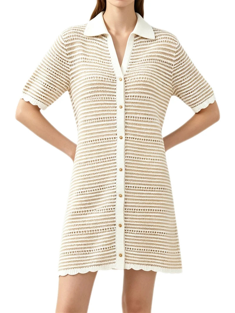 Short Sleeved Button Down Women V Neck Mini Polo Crochet Dress | Walmart (US)