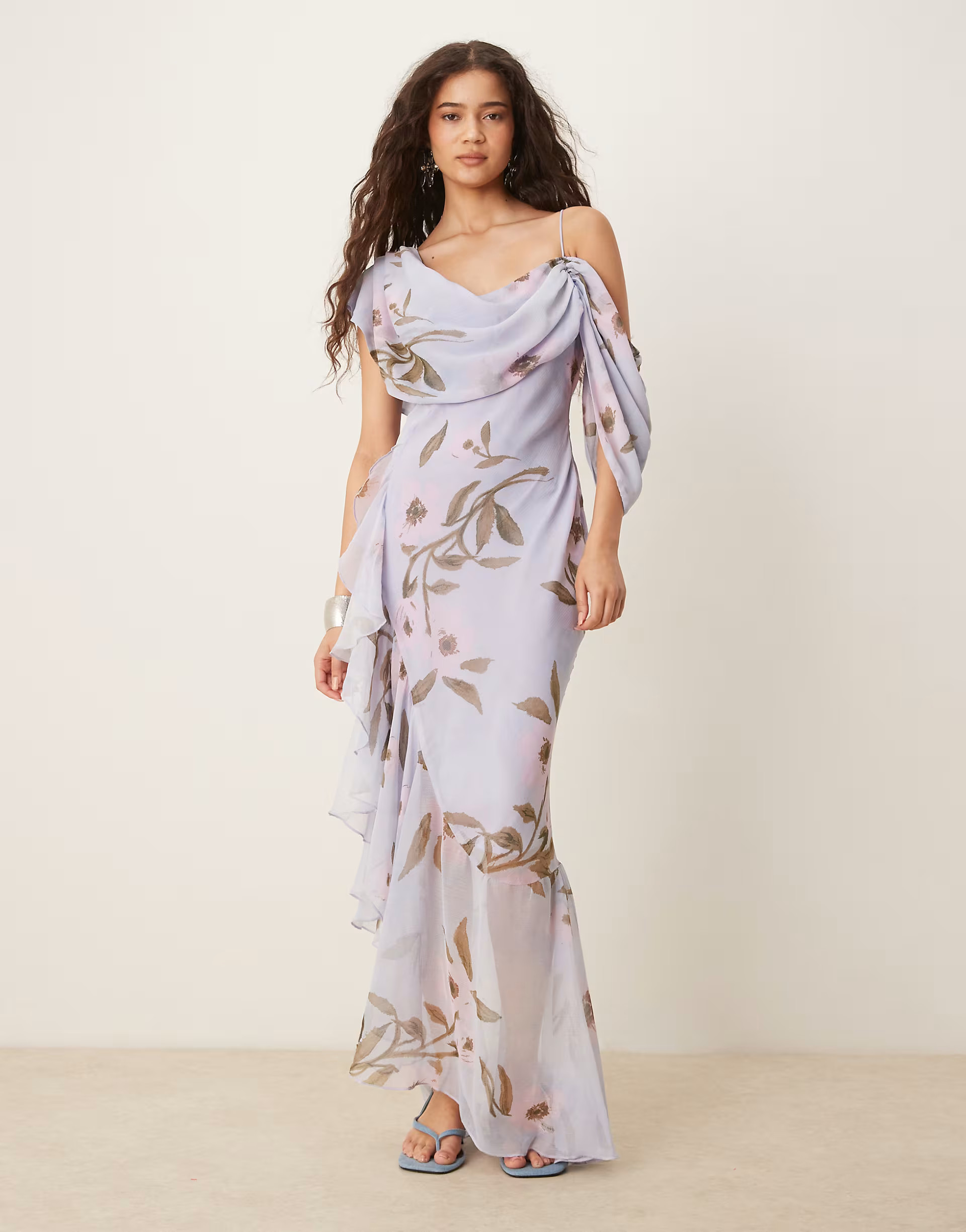 ASOS DESIGN cowl neck bias midaxi dress with asymmetric pephem in blue floral print | ASOS | ASOS (Global)