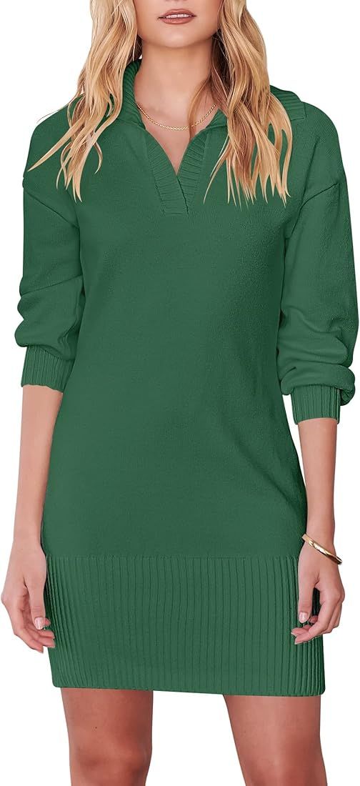 ANRABESS Women Casual V Neck Knit Mini Sweater Dresses Long Sleeve Loose Fit Solid Color Ribbed Hem  | Amazon (US)