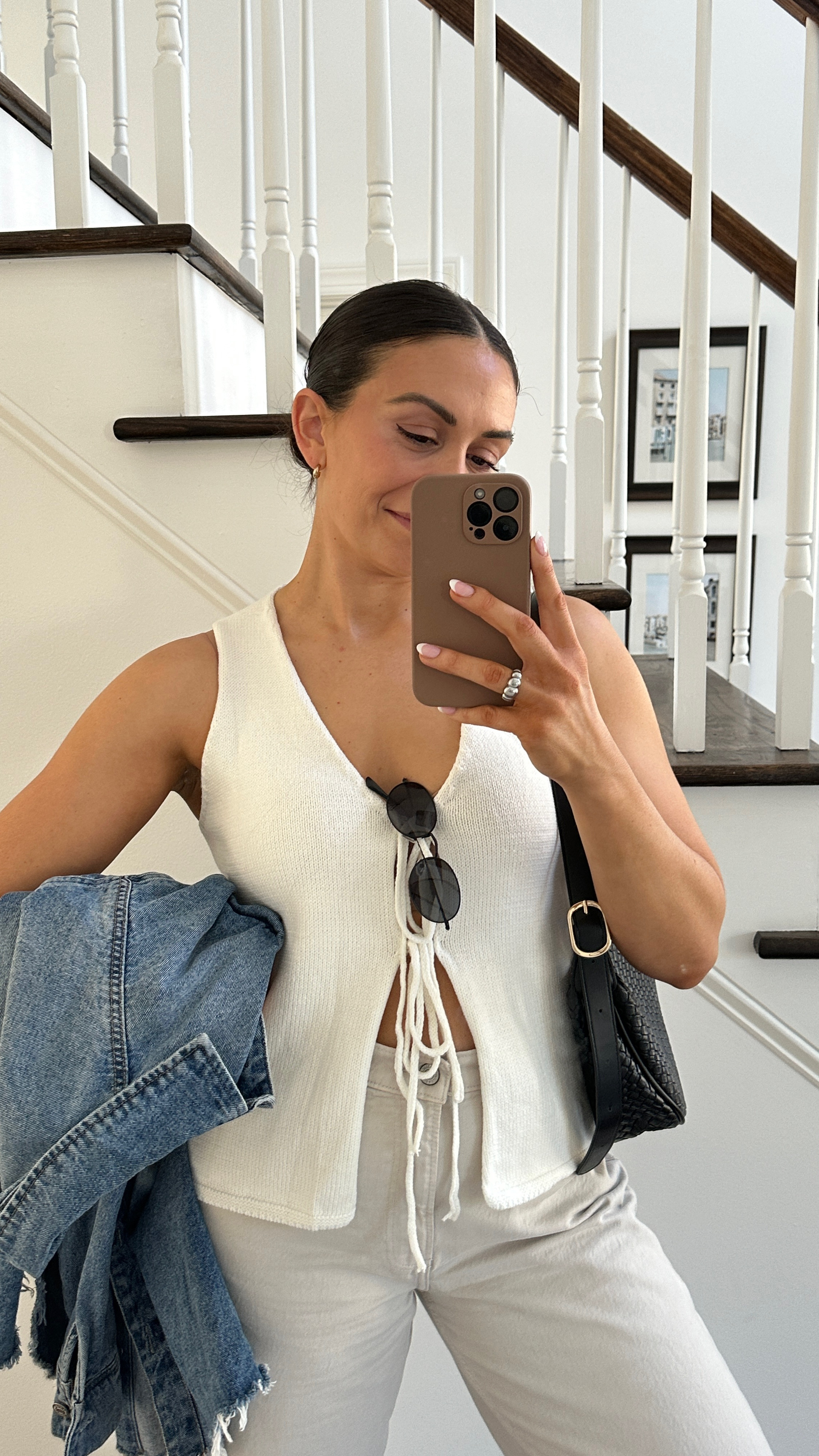 Early spring transitional outfit, brunch ootd, date night outfit, front tie top, white jeans, spring outfit, denim jacket, 

#LTKWatchNow #LTKSaleAlert #LTKStyleTip