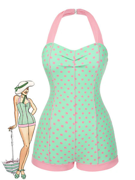 1960s Halter Contrast Polka Dots Heart Swimsuit | Retro Stage