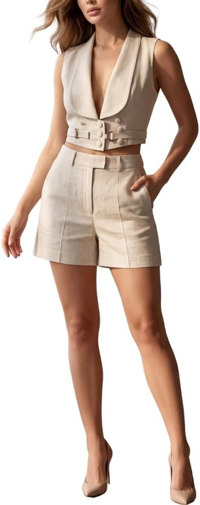 YUSHE Two-Piece Vest and Shorts Set for Women | Linen Blend Sleeveless Buttoned Vest & Matching S... | Amazon (US)
