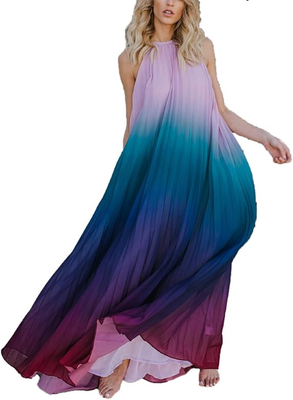Paintcolors Women's Casual Halter Sleeveless Pleated Long Maxi Dress Backless Loose Ombre Summer ... | Amazon (US)