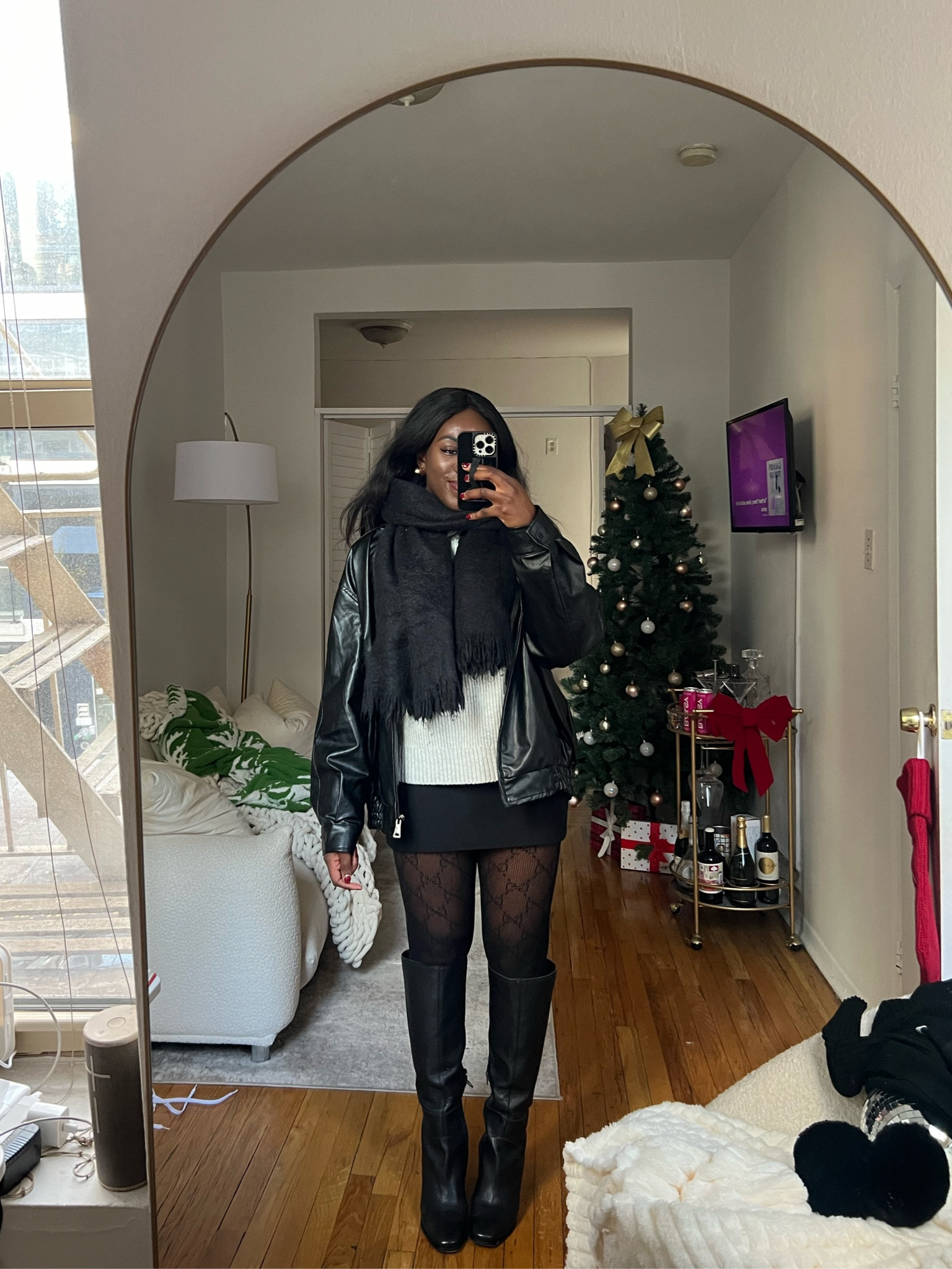 Winter outfit, outfit inspo, sweater, bomber jacket, winter jacket, tights, knee high boots 

#LTKfindsunder100 #LTKsalealert #LTKSeasonal