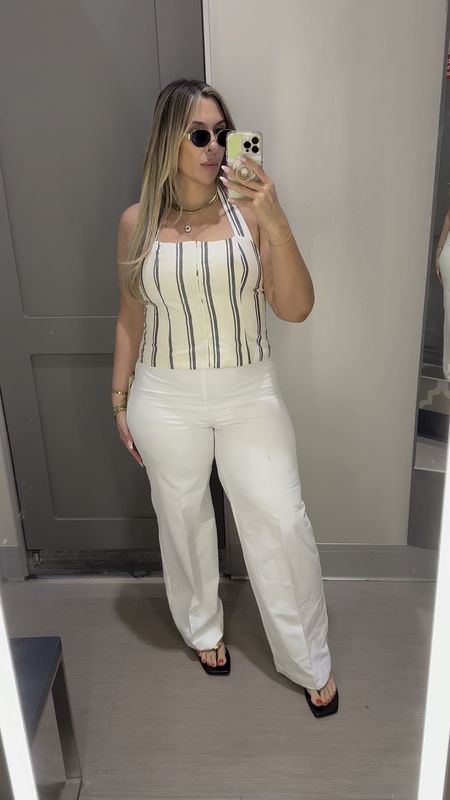 Jenee Naylor X Future Collective at Target.

White pants size 14 (no stretch / true to size/tall girl friendly/side zipper)

Stripped adjustable tie halter size L (size down, stretchy back) Linked the coordinating vest and another top to pair. 

Linked other items from the collection 

#LTKMidsize #LTKStyleTip
