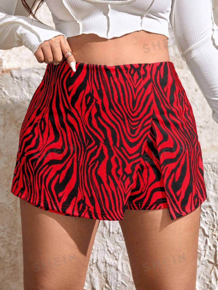 SHEIN Privé Plus Zebra Striped Print Split Hem Skort | SHEIN