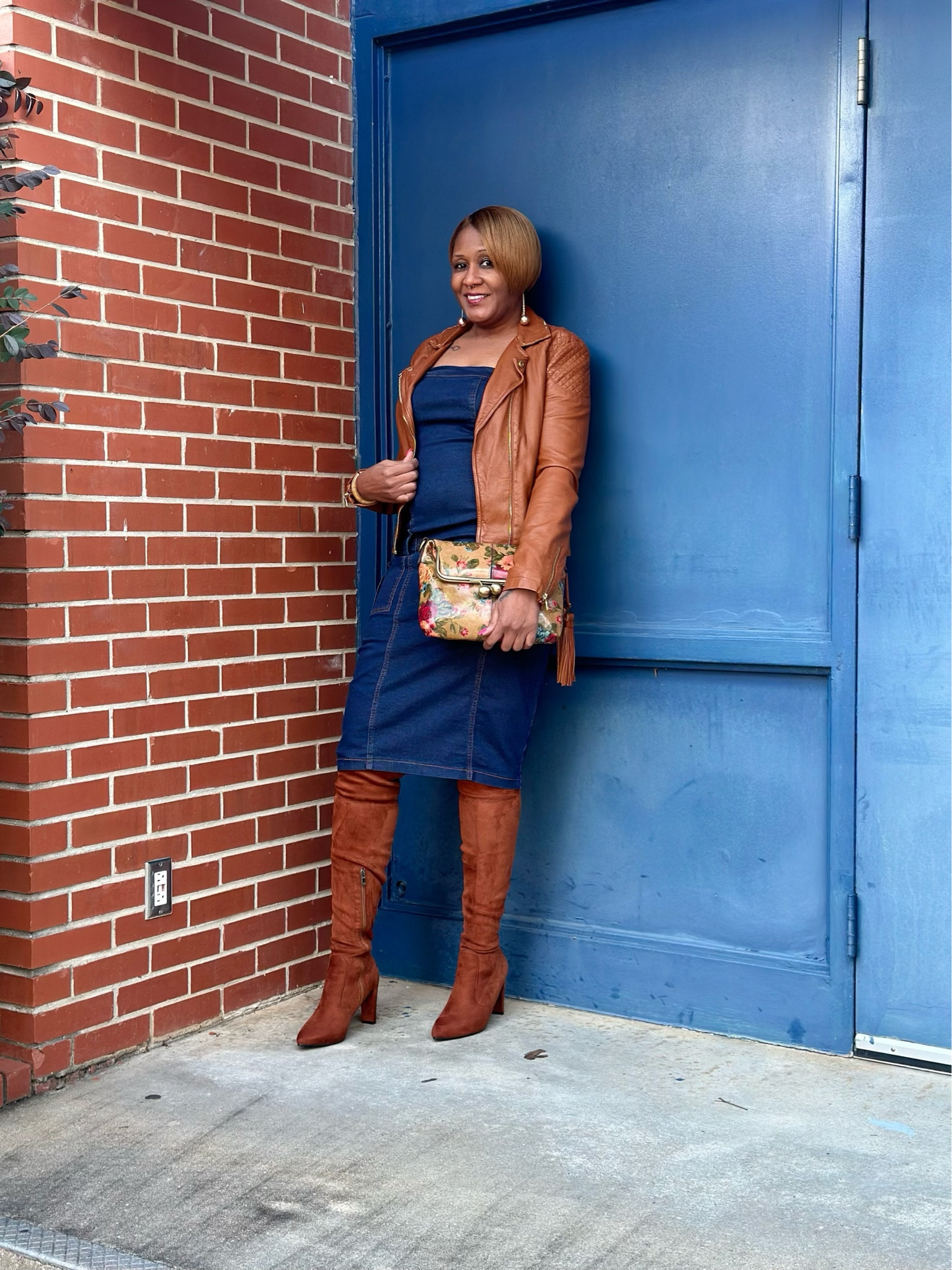 Denim dress and Faux leather w knee boots