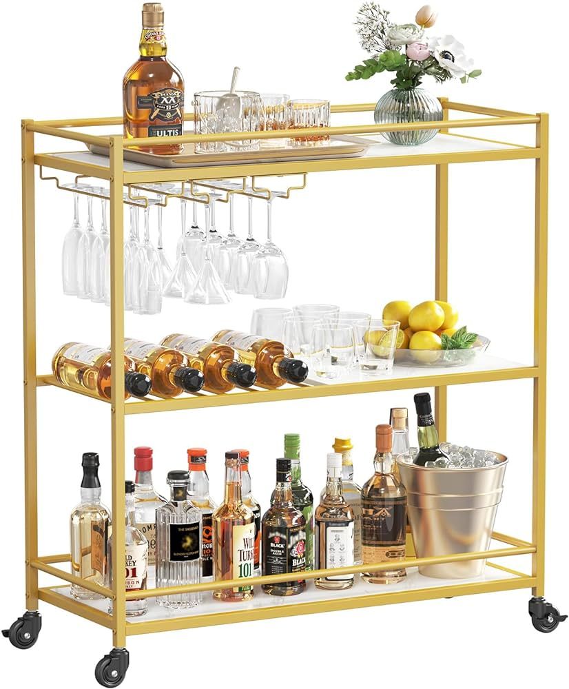 Lifewit Bar Cart Gold, 3 Tier Wine Rolling Cart with Lockable Wheels, 12 Glass Holders and 4 Wine... | Amazon (US)