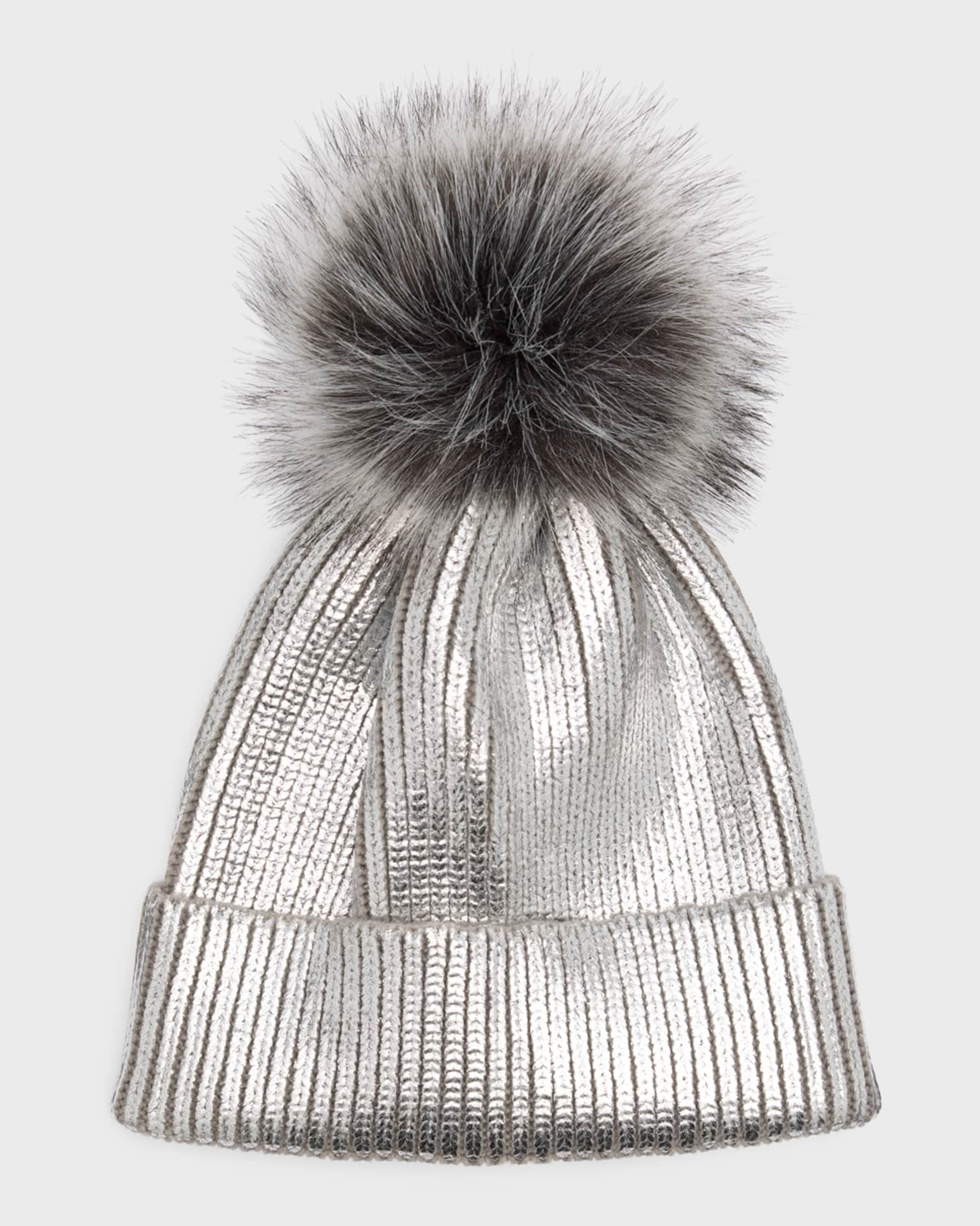 Adrienne Landau Metallic Beanie With Faux Fur Pom | Neiman Marcus