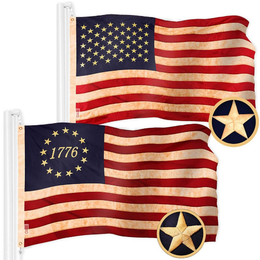 G128 3X5Ft Combo Usa & Betsy Ross 1776 Circle, Tea-Stained Embroidered 420D Polyester Flag | Oriental Trading Company