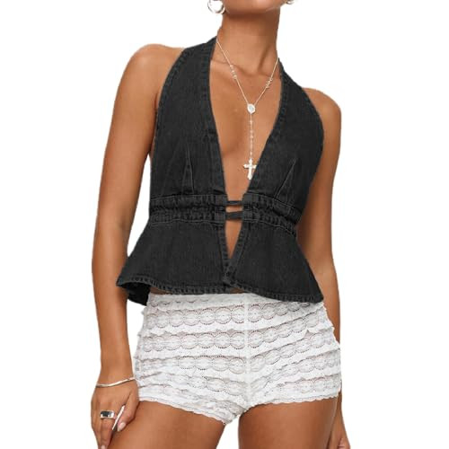 Women Sexy Backless Denim Vest Deep V Neck Sleeveless Tie Up Ruffle Hem Halter Jean Vest Slim Fitted Crop Top (Black, M) | Amazon (US)