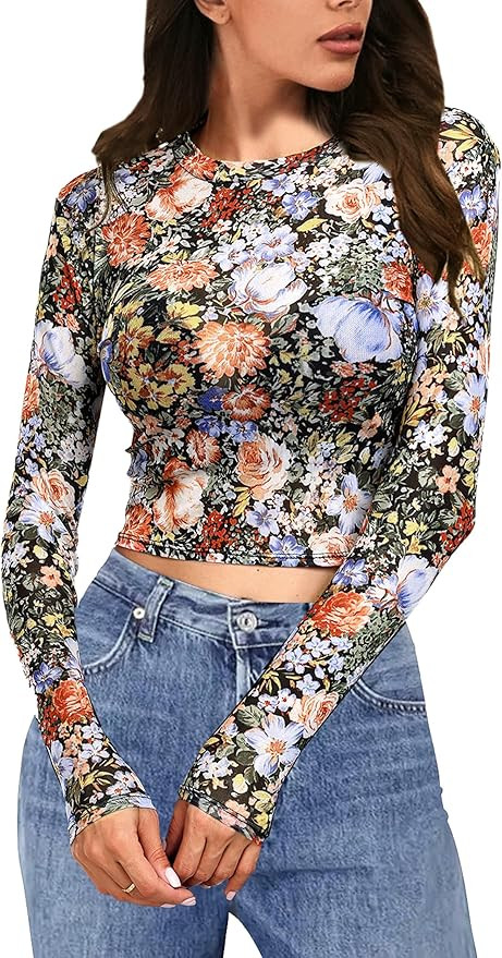Mesh Top Women See Through Tops Long Sleeve Mesh Crop Top Clubwear Going Out Tops | Amazon (US)