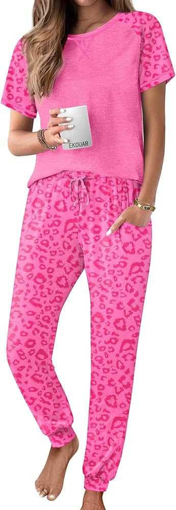 Ekouaer Womens Jogger Pajamas Sets 2 Piece Raglan Short Sleeve Pjs Lounge Set Soft Sleepwear with... | Amazon (US)
