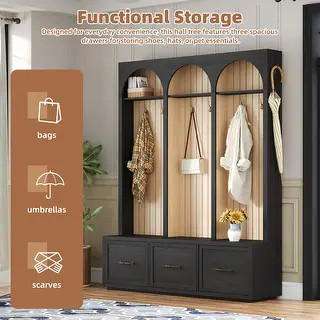 Wooden Hall Tree with Arched Design Entryway Bench with 8 Retro Hooks and 3 Drawers for Mudroom C... | Bed Bath & Beyond