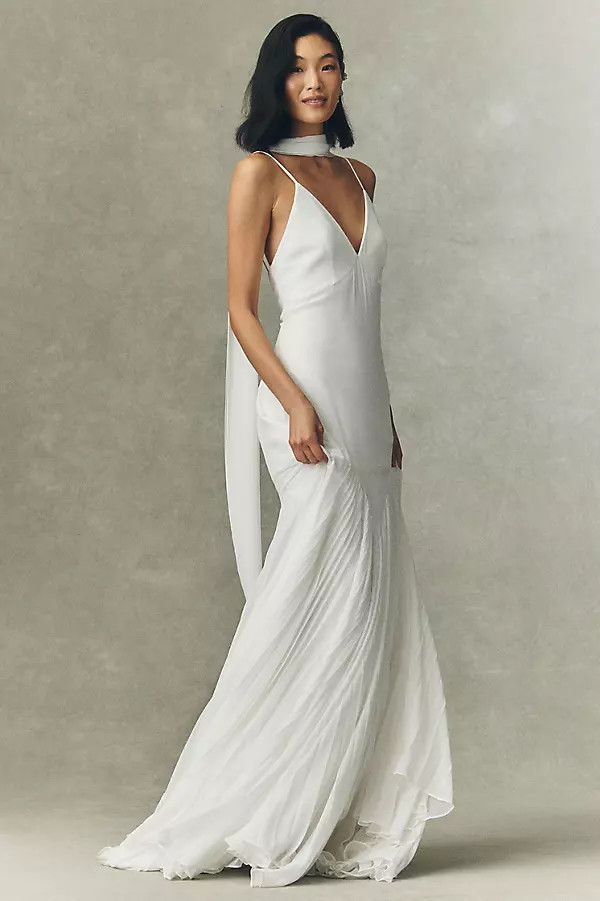 Edin V-Neck Chiffon A-Line Wedding Gown | Anthropologie (US)