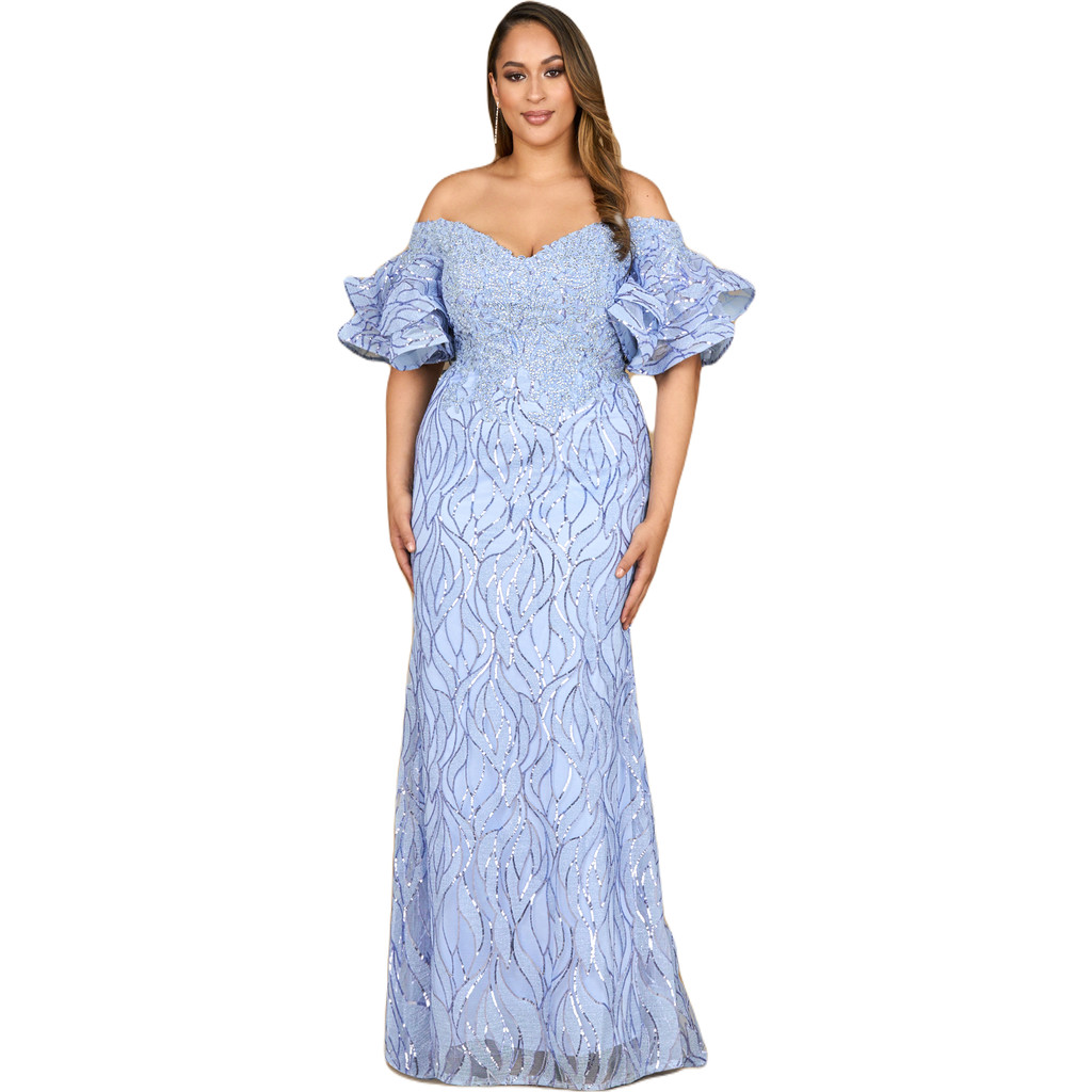 LARA New York Off Shoulder Mermaid Beaded Gown with Tiered Sleeves in Periwinkle at Nordstrom, Size 4 | Nordstrom