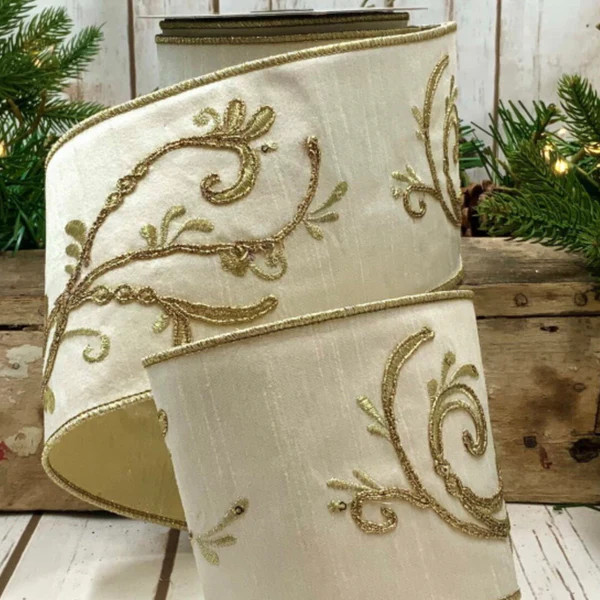 Gold Embroidered Dupioni Ivory Ribbon | Fig and Dove