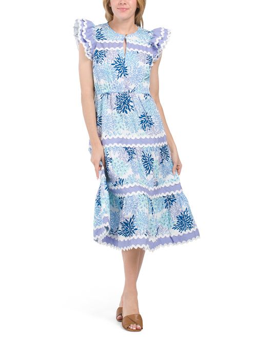 Flutter Sleeve Floral Print Midi Dress With Ric Rac Trim | TJ Maxx