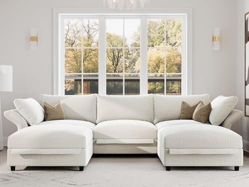 DreamDashio 126" U-Shaped 5-Seat Sectional Sofa, Oversized Modular Cloud Couch with Storage, High Backs & Adjustable Arms, Plush Beige Chenille for Large Living Room | Amazon (US)