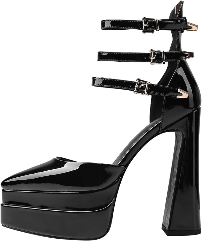 Arqa Platform Heel Pumps Patent Leather Pointed Toe High Heels Ankle Buckle Platforms | Amazon (US)