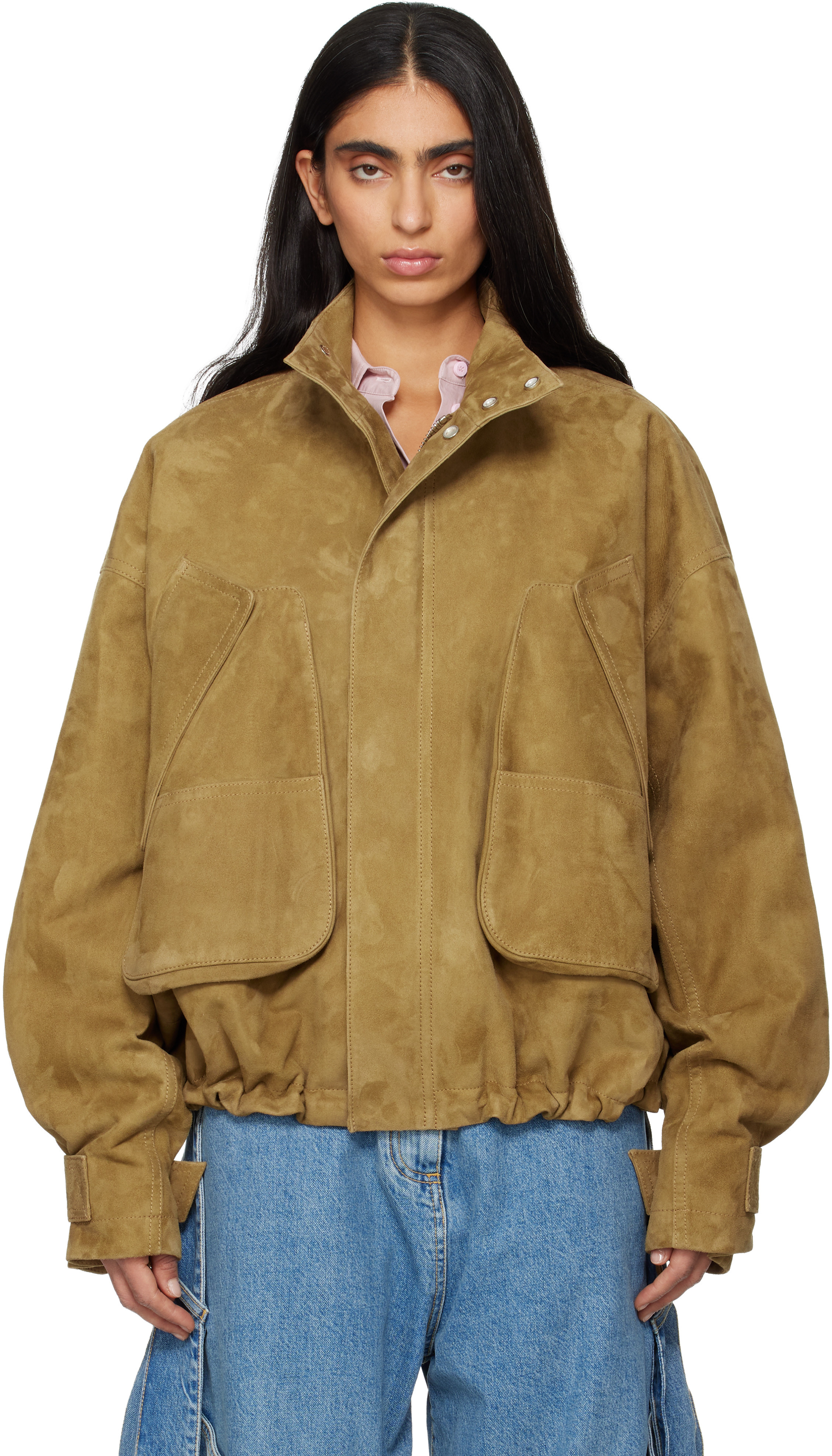 The Attico Tan Suede Bomber Jacket | SSENSE