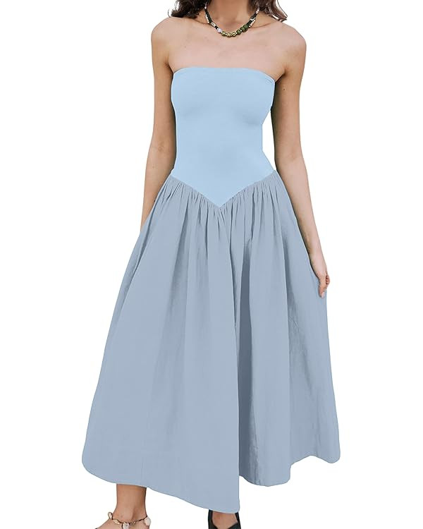 Women Off Shoulder Midi Dress Strapless Sleeveless Drop-Waist A Line Tube Dress Trendy Summer Swi... | Amazon (US)