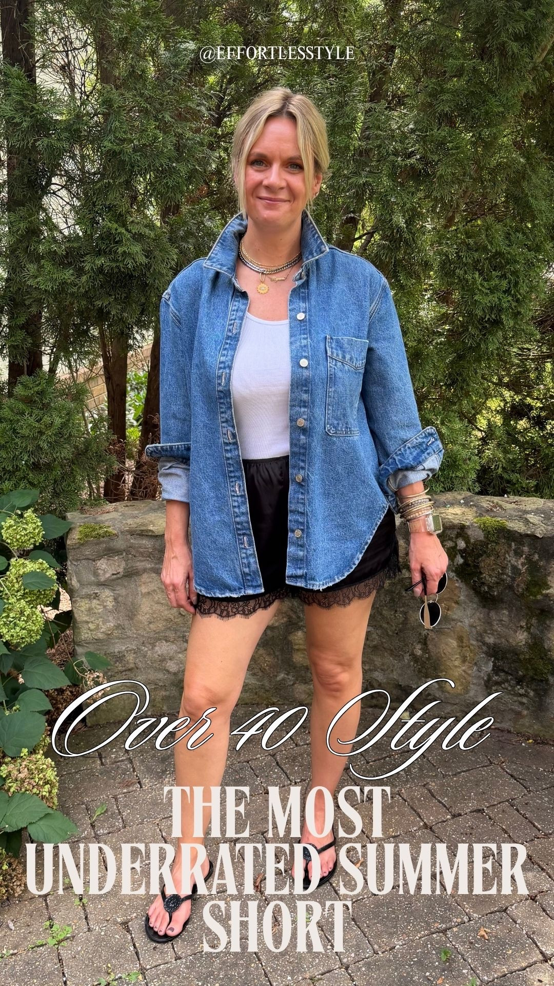 Hot take: lace trim shorts styled casually are the most underrated summer piece right now 👇

Here’s why I keep reaching for mine:

🖤 The lace trim does the styling work for you. You don’t need much else when your shorts already have an interesting detail. A basic white tank, an oversized denim jacket, simple flip flops — the lace trim elevates the whole outfit without any extra effort on your part.

🖤 They look intentional without trying. Most people would style satin or lace trim shorts for a night out. Wearing them casually in the daytime is what makes the outfit feel current and fashion-forward — the contrast between the delicate trim and the relaxed denim jacket is the whole move.
🖤 They’re more comfortable than denim shorts and look infinitely more interesting. Lightweight, easy to wear, and the satin fabric moves beautifully. Once you try them for a casual day you won’t go back to denim shorts for summer.

OOTD ✨ Oversized denim shirt jacket + white tank + black lace trim satin shorts + black jelly flip flops + layered necklaces + gold bangles. All from my own closet — linked the closest versions I could find. Everything shoppable below! 👇

#LTKdayinmylife #LTKootd #LTKOver40