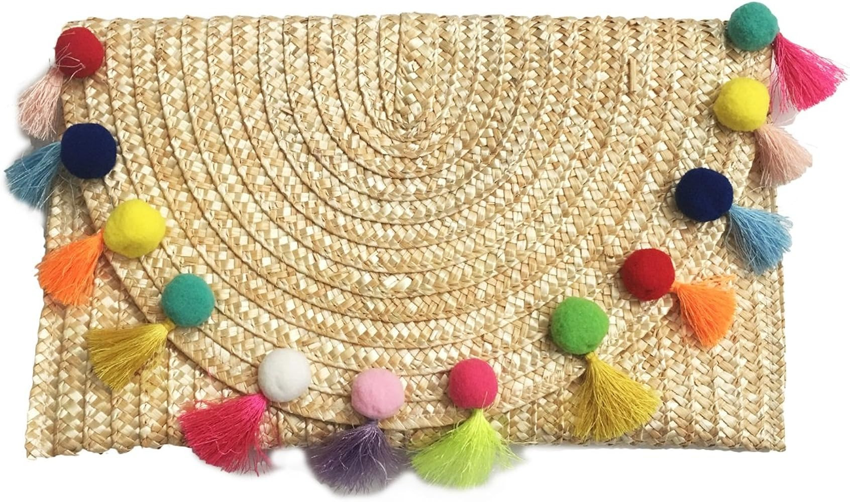 Straw Pom Pom and Tassel Clutch - Colorful Summer Bag | Amazon (US)