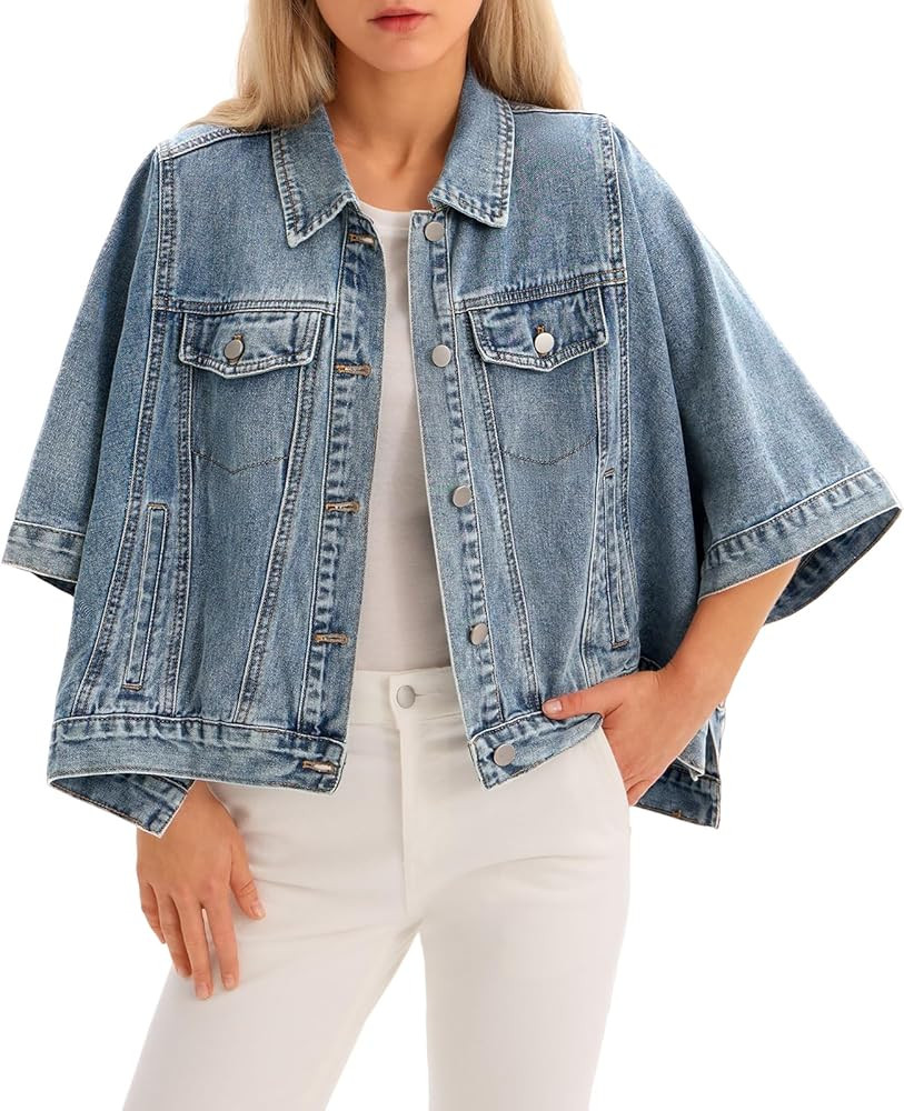 Tankaneo Womens Jean Jacket Oversized Cropped Short Sleeve Cotton Denim Jacket Fall Trendy Cape O... | Amazon (US)