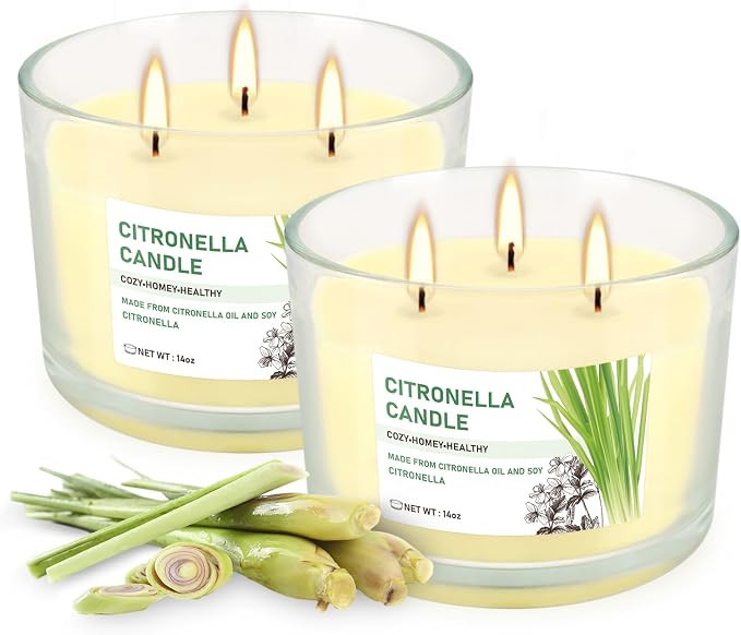 Citronella Candle Outdoor 2-Pack - 14oz Each 3-Wick Candles in Clear Glass Jars, Made with Citron... | Amazon (US)