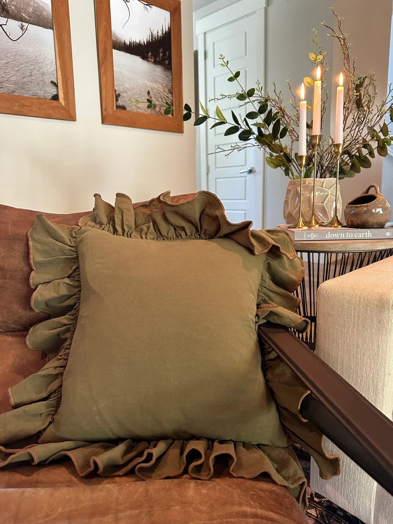 Hunter Green Linen-ruffle Pillow Cover, Green, Brown Piping, Natural Texture - Etsy | Etsy (US)