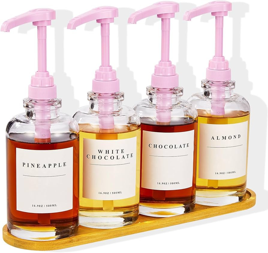 Coffee Syrup Dispenser for Coffee Bar, Coffee Syrup Pump Dispenser, Glass Syrup Bottle with Pink ... | Amazon (US)