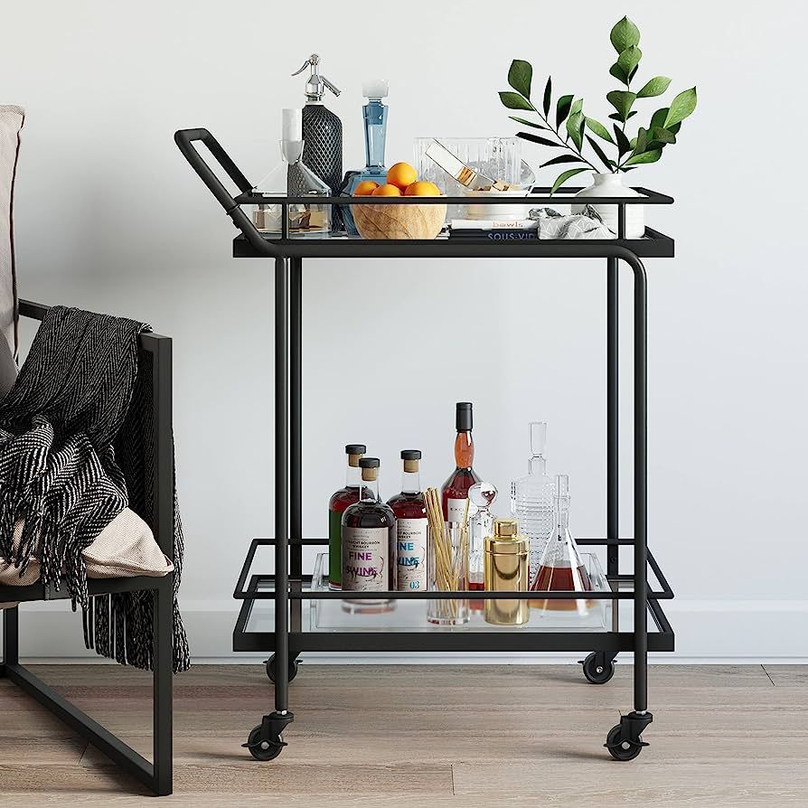 Nathan James Sally Rolling Bar or Cart for Tea or Cocktail, 2-Tiered Glass and Metal, Black | Amazon (US)